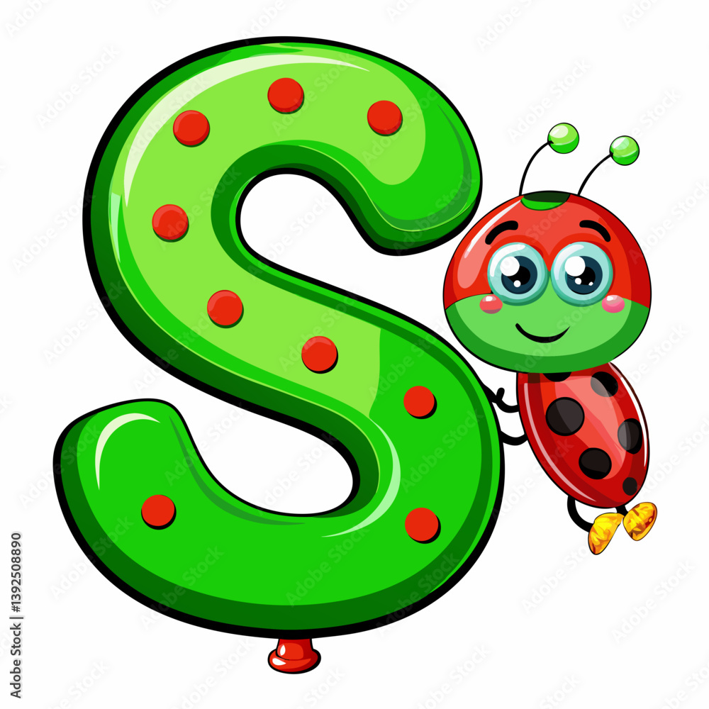 Fototapeta premium Adorable Ladybug Letter S Cartoon for Kids Learning and Crafts.