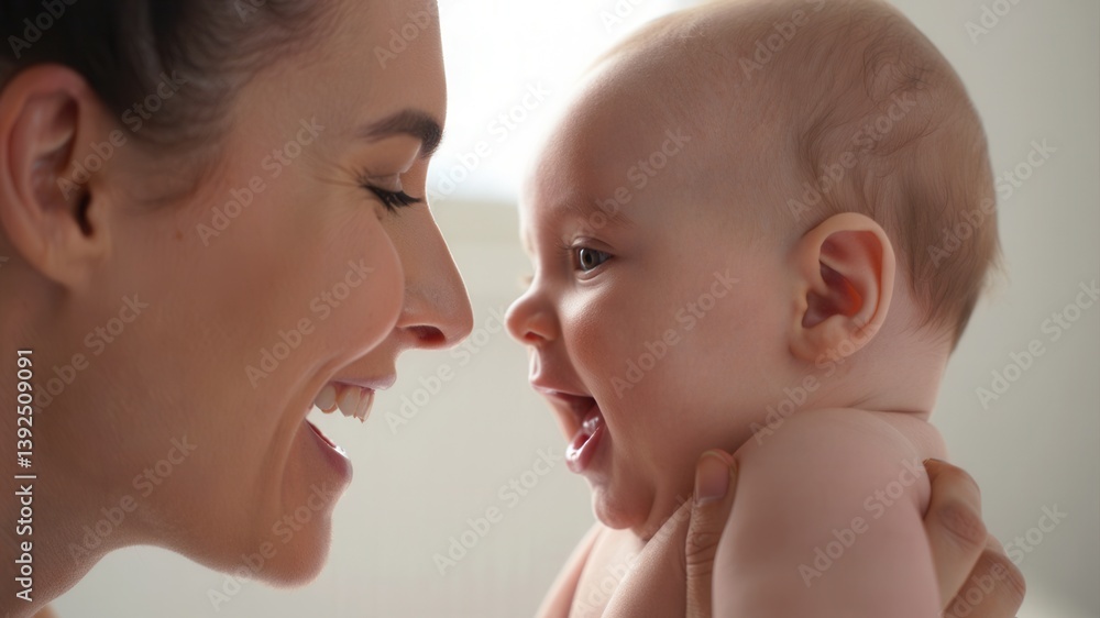 Happy mother holding smiling baby in arms while making eye contact indoors, maternal love, family bonding, parenthood care, parenting concept, early childhood moments Happy mother holding smiling baby in arms while making eye contact indoors, maternal love, family bonding, parenthood care, parenting concept, early childhood moments