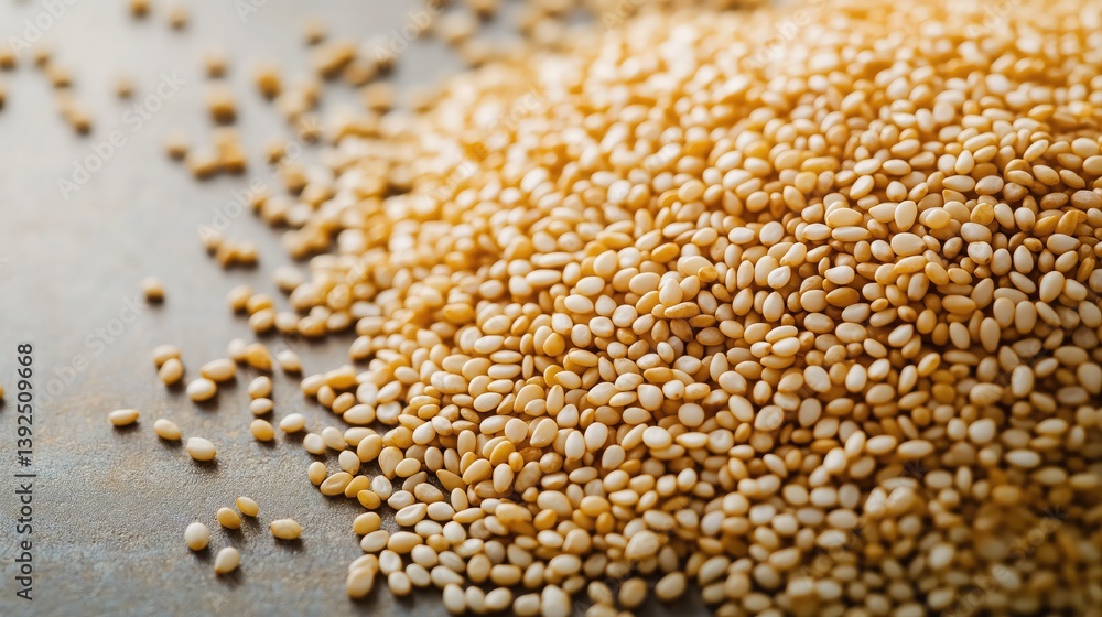 A large cluster of sesame seeds, golden and white, scattered across a clean surface. A large cluster of sesame seeds, golden and white, scattered across a clean surface.