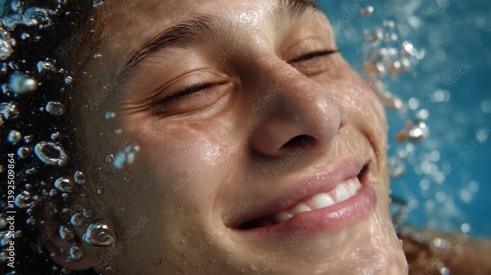 Fototapeta premium A smiling face glows underwater, dappled with sunlight and drifting bubbles all around.