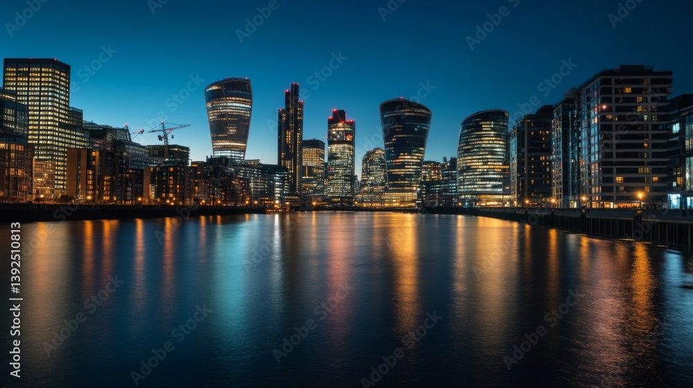 Stunning city skyline at night capturing the essence of urban life. Reflections shimmer on the water. Experience the beauty of architecture. Generative AI