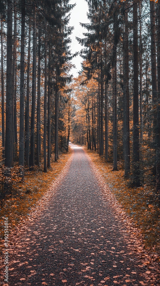 Naklejka premium Autumn forest path photography with vibrant orange leaves, high-resolution autumn forest path photography for nature lovers, realistic autumn forest path photography perfect for seasonal landscape con