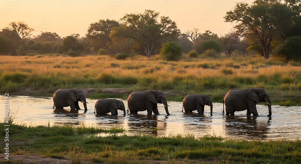 Obraz premium Golden Hour Crossing: A Family of Elephants at Dusk AI Generated