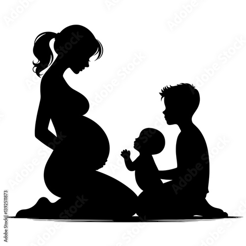 Pregnant woman with children in silhouette style illustration
