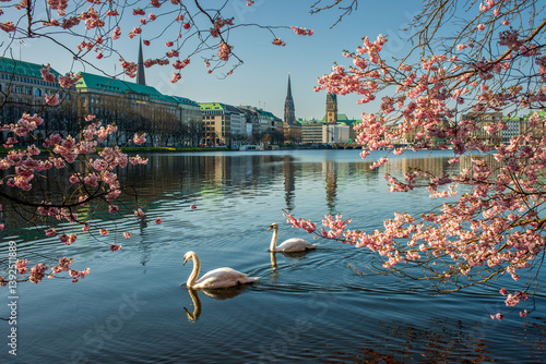 Alsterschwäne mit rosa Kirschblüte an der Alster im Frühling