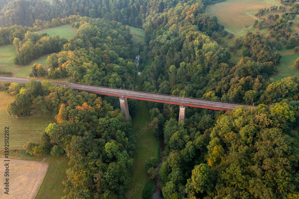 Fototapeta premium Aerial view at sunrise of a train bridge over a river surrounded by forest
