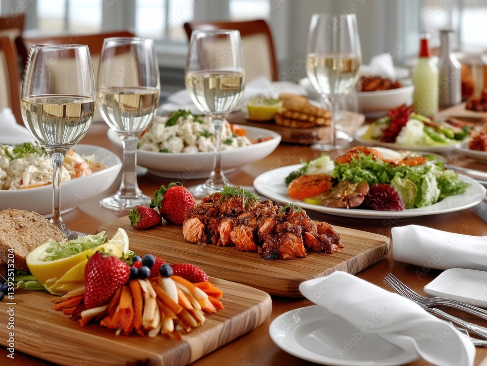 Delicious meal spread featuring grilled chicken, fresh salads, and desserts at a dining table with elegant glassware Delicious meal spread featuring grilled chicken, fresh salads, and desserts at a dining table with elegant glassware