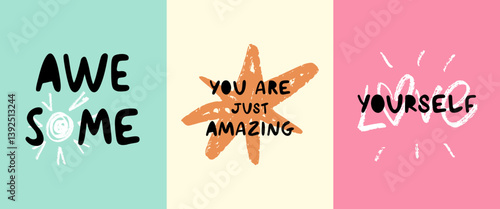 Set of imperfection hand drawn calligraphy artworks. Inspirational posters about selflove. Trendy girly print for greeting card - isolated vector.