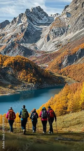Autumn Mountain Hike by the Lake with Group of Adventurous Hikers