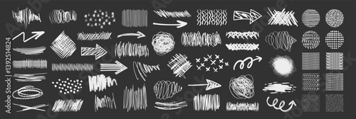 Vector set of grungy graphic elements. Brush hand drawn scribbles underlines, circles set collection. Marker drawn arrows, swirls and scribbled shapes. 