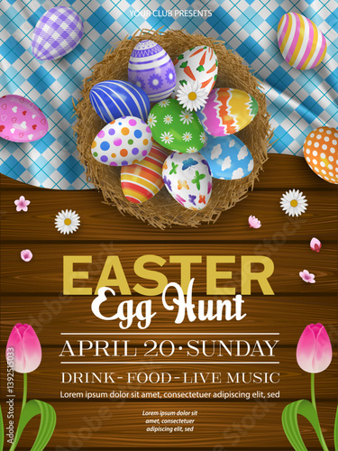 easter egg hunt poster with colorful eggs in a nestand flowers on wooden table with tartan tablecloth