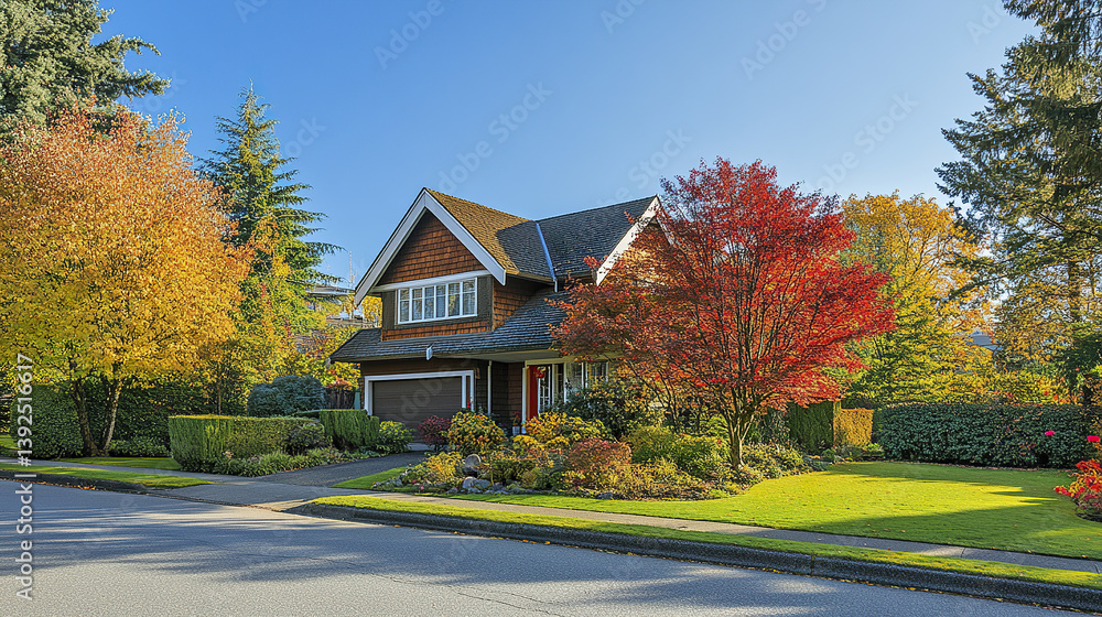 charming house with pitched roof and vibrant autumn garden charming house with pitched roof and vibrant autumn garden