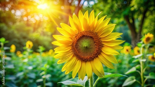 A bright sunflower stands tall amidst a lush summer garden, its large yellow petals swaying gently in the breeze as vibrant green leaves and stems surround it, yellow petals, nature's beauty