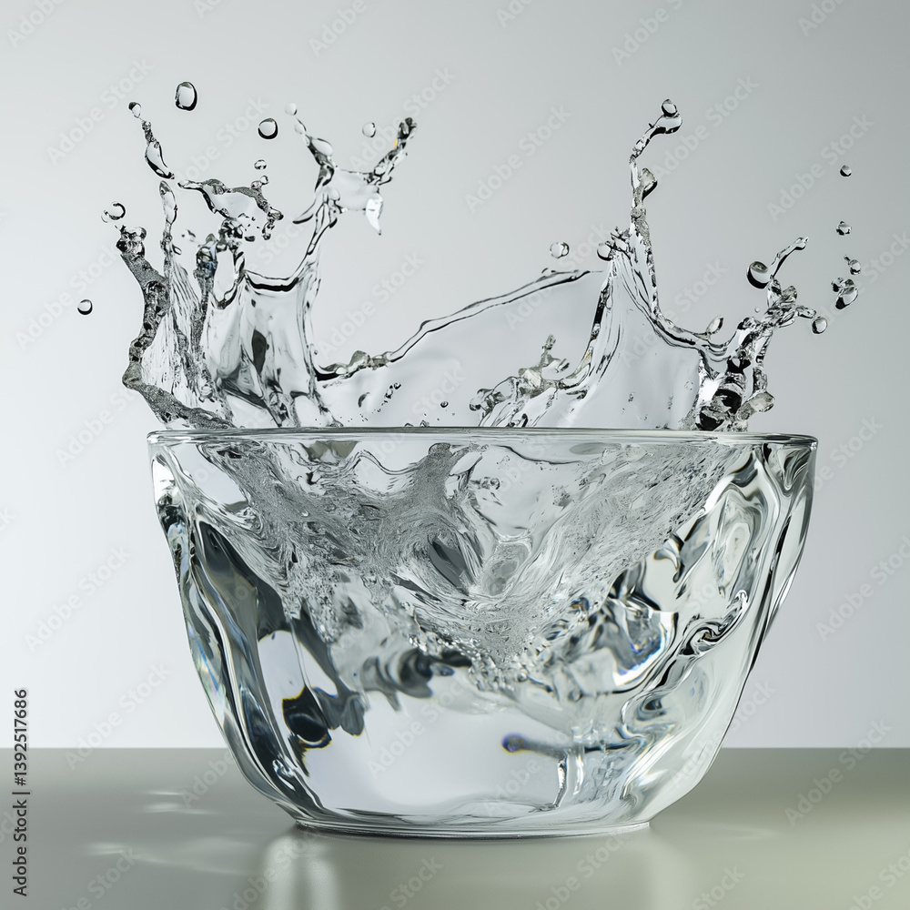Dynamic splash of water in a glass bowl capturing the essence of refreshment and fluidity. Dynamic splash of water in a glass bowl capturing the essence of refreshment and fluidity.