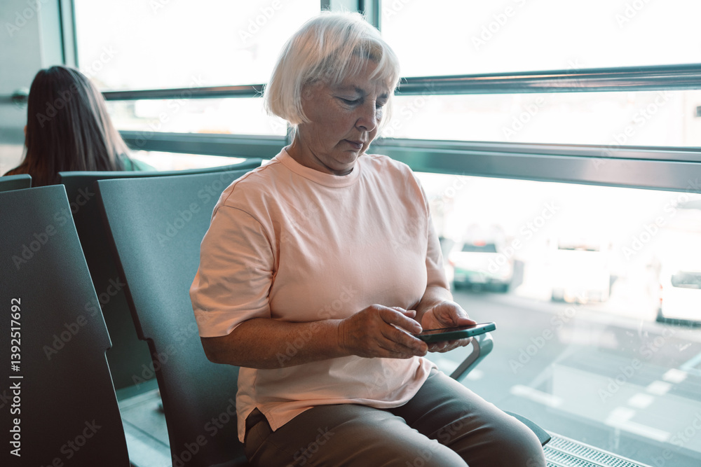 An elderly woman relaxes in an airport terminal, using her smartphone while waiting for her flight. The scene features a bright and modern airport with a view of the runway, showcasing her calm