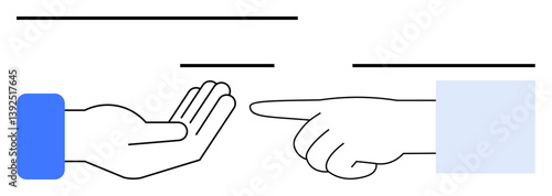 Open palm with extended blue sleeve facing a pointing hand suggests action and reaction, responsibility, or blame themes. Ideal for communication, business, teamwork, collaboration, guidance, social