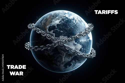 Planet Earth wrapped in heavy chains symbolizing trade war and global economic conflict. Impact of tariffs.

