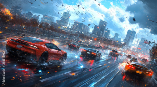 Futuristic anime sports cars racing through the tokyo expressway