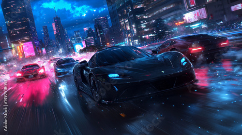 Futuristic anime sports cars racing through the tokyo expressway