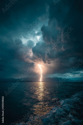 Wallpaper Mural Fork lightning illuminates a dramatic, turbulent cloudscape above a dark ocean - background design abstract Torontodigital.ca