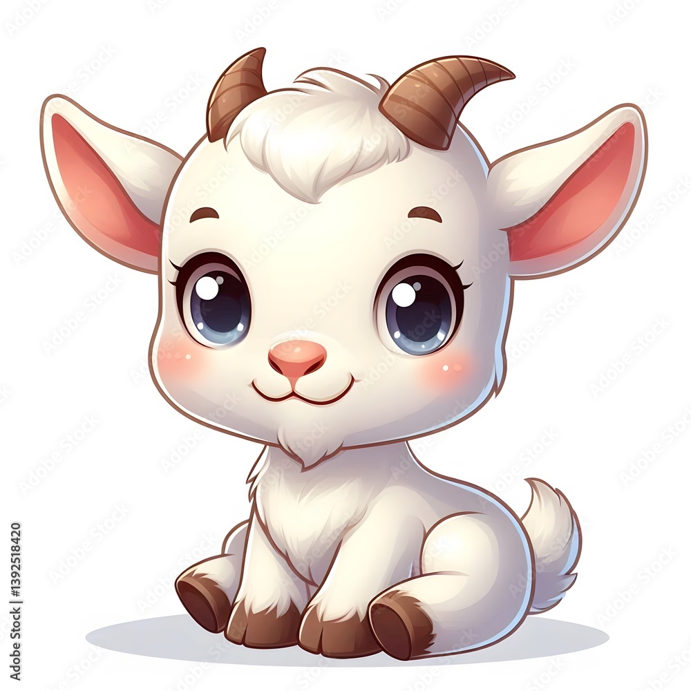 Fototapeta premium Cute Cartoon goat Sitting on White Isolated Background 