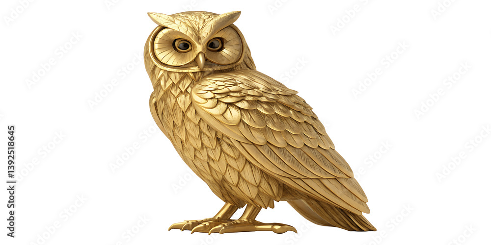 Naklejka premium Golden Owl Statue: A detailed studio shot of a golden owl statue. It represents wisdom, knowledge, and a symbol of observation and insight.