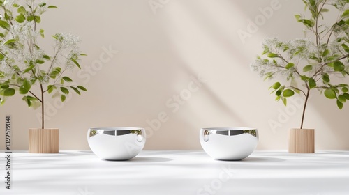 Wallpaper Mural Silver Bowls with Plants Minimalist Studio Lighting High-Resolution Front View Reflective Surfaces Display Peaceful Setting Soft Neutral Tones Ideal for Product Catalogs Torontodigital.ca