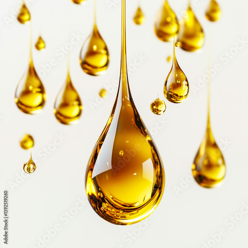 Golden oil droplets suspended in mid-air, capturing light beautifully for culinary or artistic use.