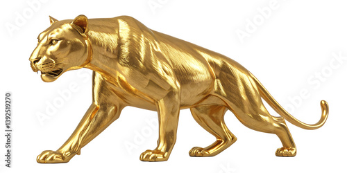 Golden Panther Sculpture: A stunning sculpture of a majestic panther crafted in radiant gold, exuding strength and elegance, captured in a photorealistic style.