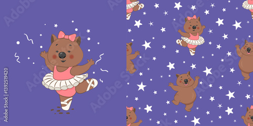 Cute wombat ballerina seamless pattern. Hand drawn vector illustration. Print for baby t-shirt print, fashion print design, kids wear, baby shower celebration greeting and invitation birthday card.