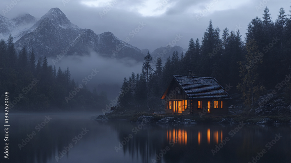 Fototapeta premium serene cabin by misty lake with mountains in background