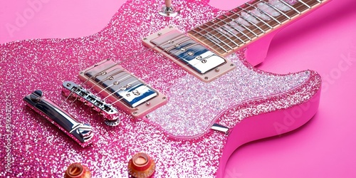 A pink guitar with glitter on it