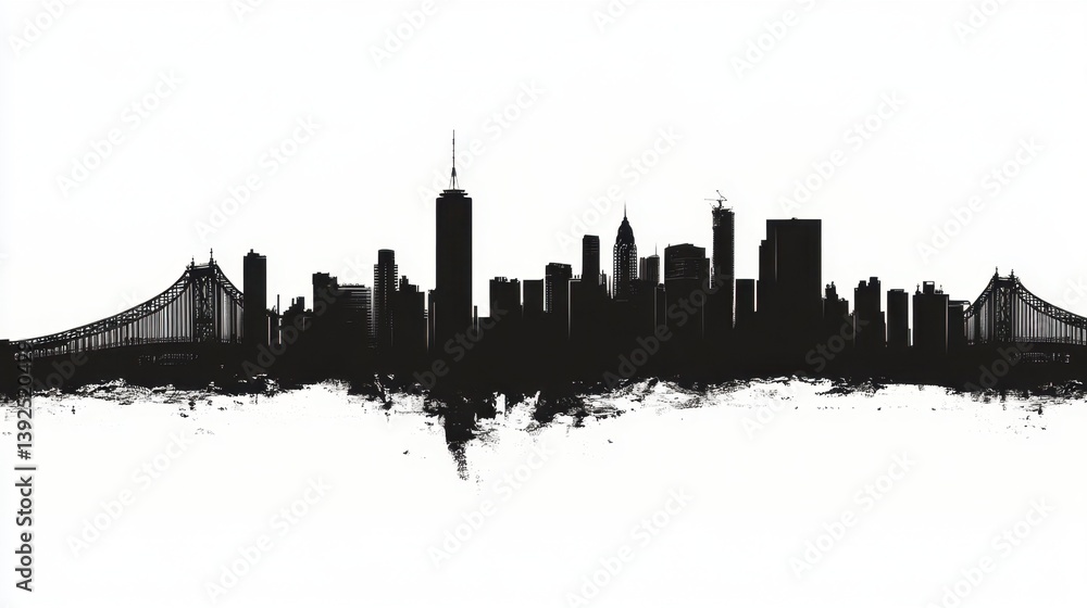 Naklejka premium Dramatic black silhouette of a city skyline with bridges, resting above a textured, dark smudge effect. Modern and striking