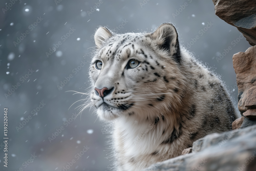 Fototapeta premium Close-up of a snow leopard with snow falling gently around, highlighting its piercing gaze and thick fur.