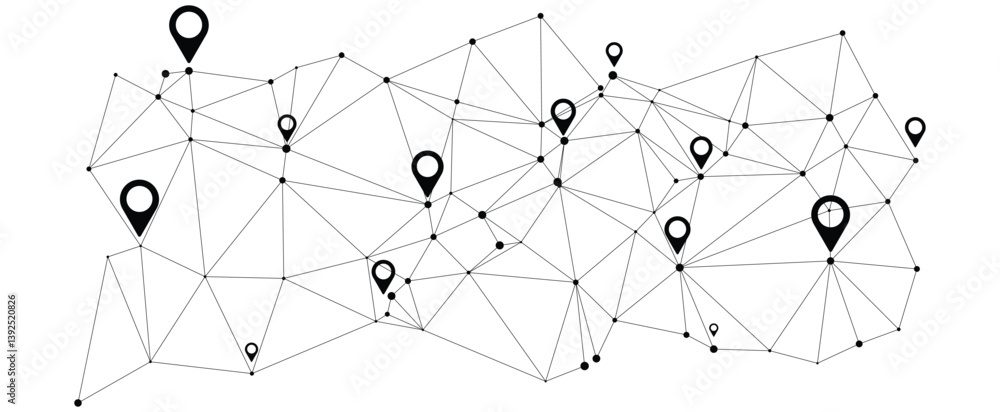 Connected Network with Location Markers on White Background Connected Network with Location Markers on White Background
