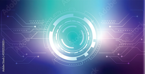  Futuristic Circular Technology Interface with Interconnected Network Nodes and Data Pathways on a Gradient Blue and Teal Background