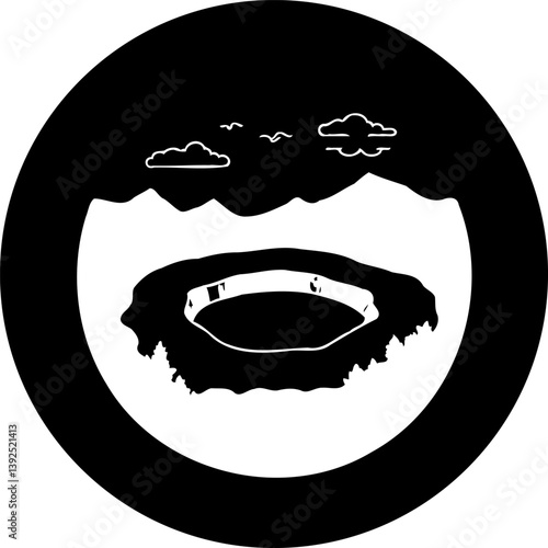Circular symbolic representation of a volcanic crater landscape, minimalist icon