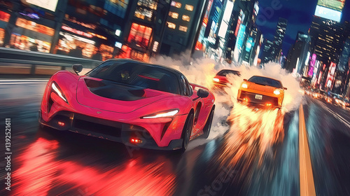 Futuristic anime sports cars racing through the tokyo expressway