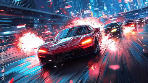 Futuristic anime sports cars racing through the tokyo expressway
