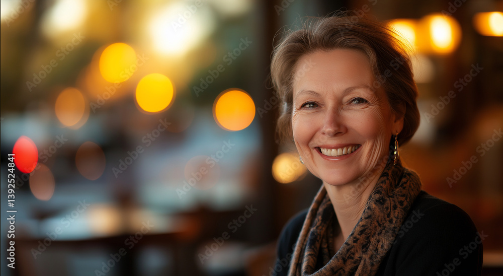 Obraz premium Mulher sorridente, retrato em ambiente empresarial, profissional confiante, iluminação quente, fundo com foco suave