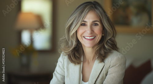 Mulher sorridente, retrato em ambiente empresarial, profissional confiante, iluminação quente, fundo com foco suave Free Download Mulher sorridente, retrato em ambiente empresarial, profissional confiante, iluminação quente, fundo com foco suave - GFXLoad