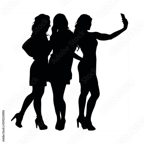 Black vector silhouettes of dancing girls and people illustrate fashion, beauty, and party poses.