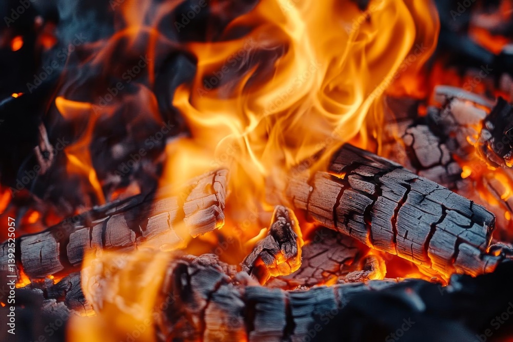Burning Embers and Flames: A Close-Up of Fire, Heat, and Wood Burning Embers and Flames: A Close-Up of Fire, Heat, and Wood