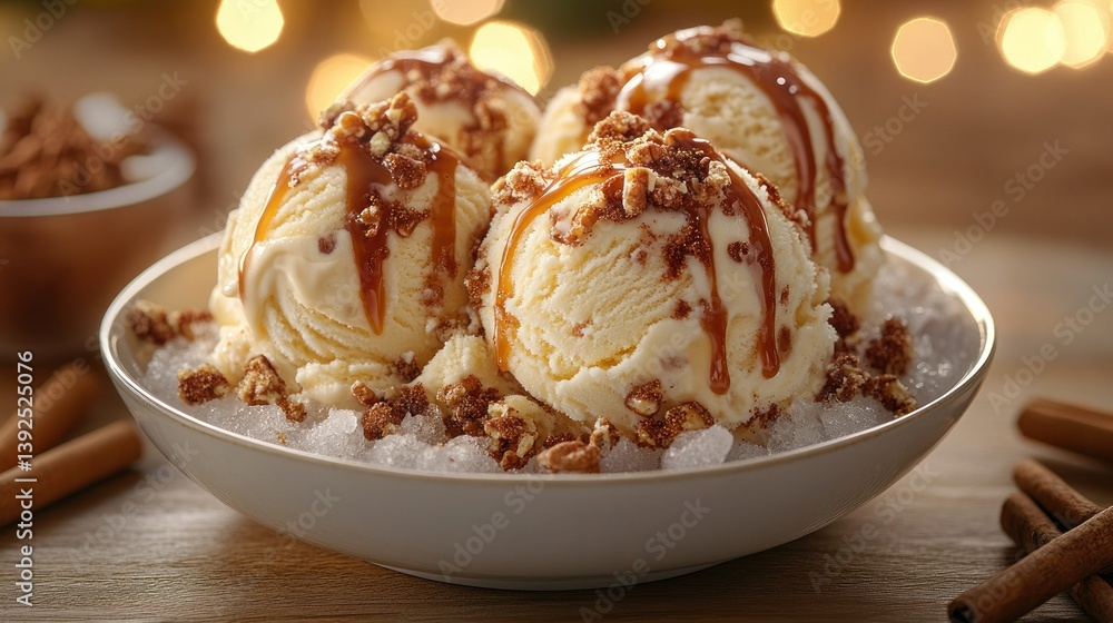Caramel-drizzled ice cream with granola topping Caramel-drizzled ice cream with granola topping