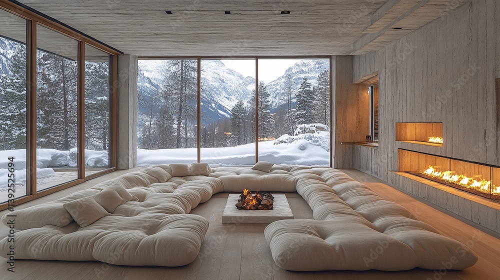Modern Monochrome Living Room with Abstract Design and Cozy Fireplace in a Scenic Mountain Setting Modern Monochrome Living Room with Abstract Design and Cozy Fireplace in a Scenic Mountain Setting