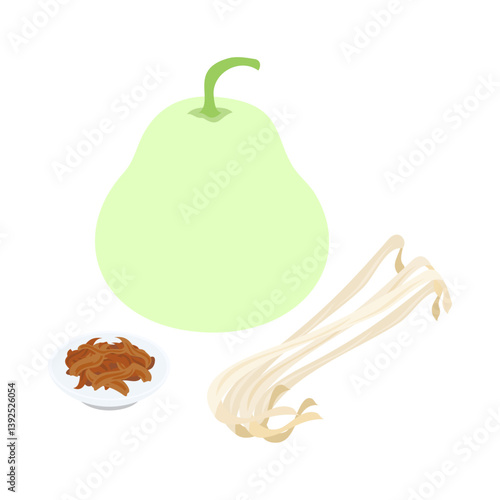 かんぴょうとユウガオの実。フラットなベクターイラスト。
Kanpyo and a bottle gourd. Flat vector illustration.