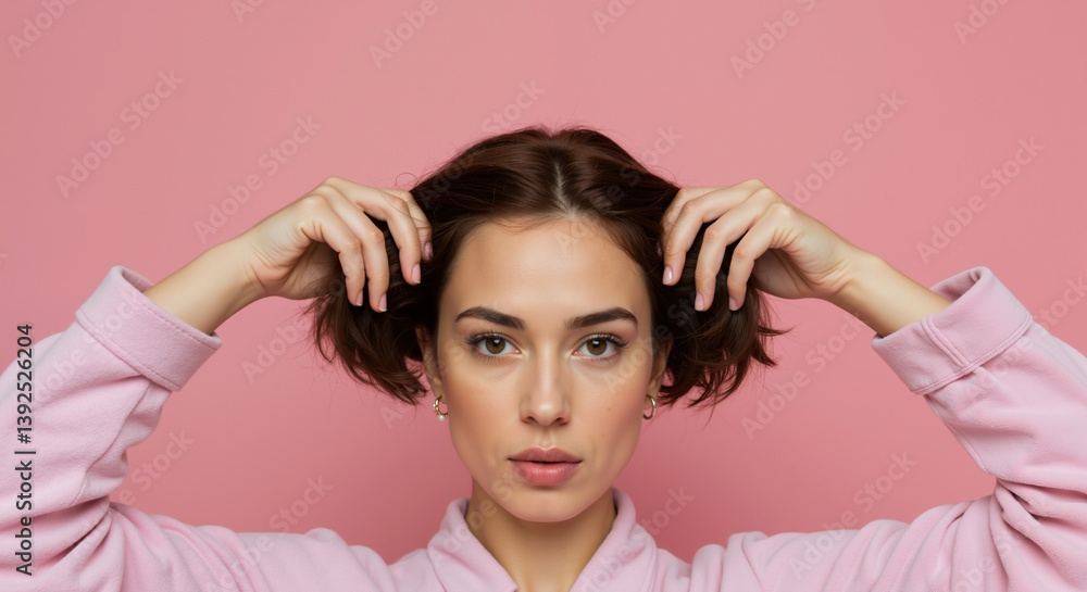 Fototapeta premium Young woman in pink hoodie touching short dark hair against pink background. Hair care, styling products, salon services concept. Fashion, lifestyle, self-care.