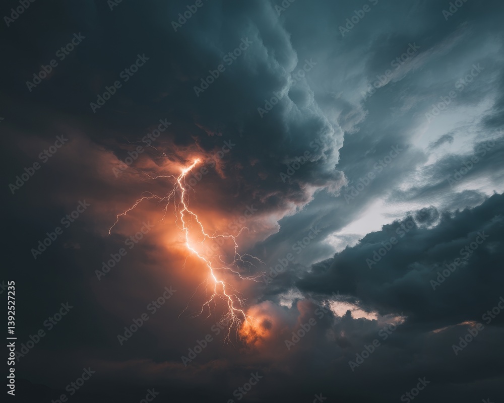 Fototapeta premium Branching lightning illuminates the ominous, dark storm clouds above - seamless texture pattern