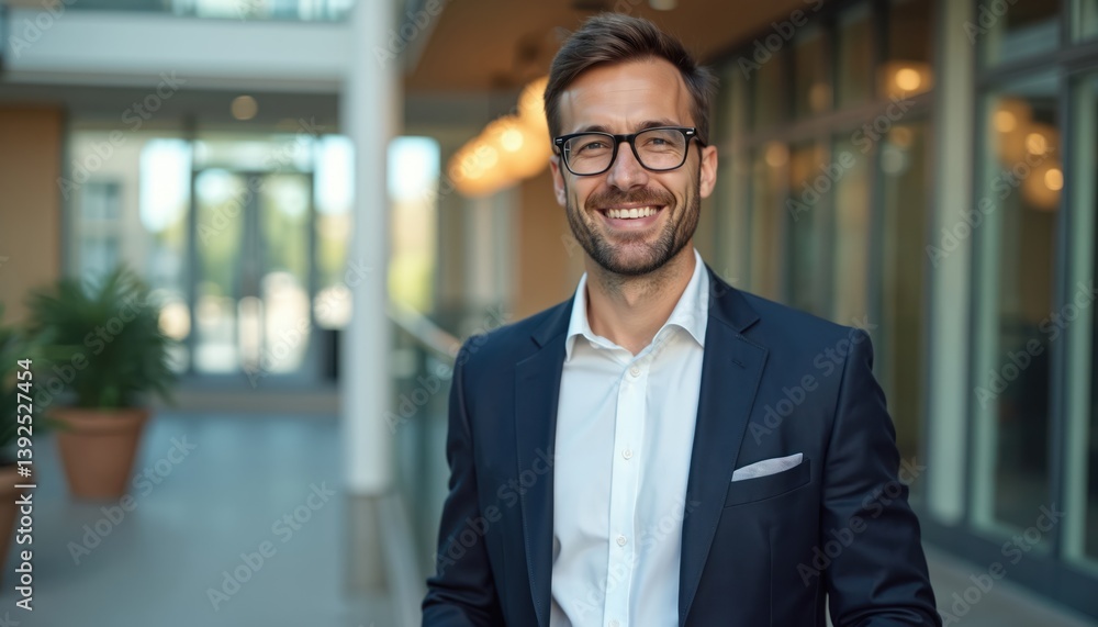 Smiling man wearing suit and glasses in modern office building. Confident businessman with white shirt and formal attire in corporate setting. Success and pro office portrait. Smiling man wearing suit and glasses in modern office building. Confident businessman with white shirt and formal attire in corporate setting. Success and pro office portrait.