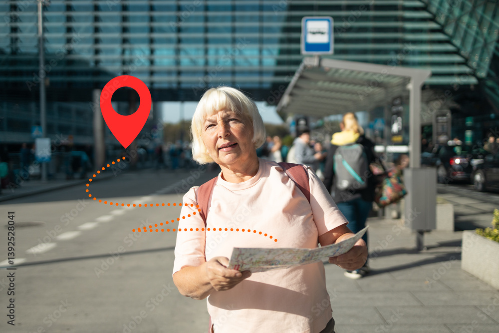 An elderly lost woman is navigating the airport area with a map in hand, looking for her next destination. The GPS location pin icon is placed on the image to emphasize her use of digital navigation